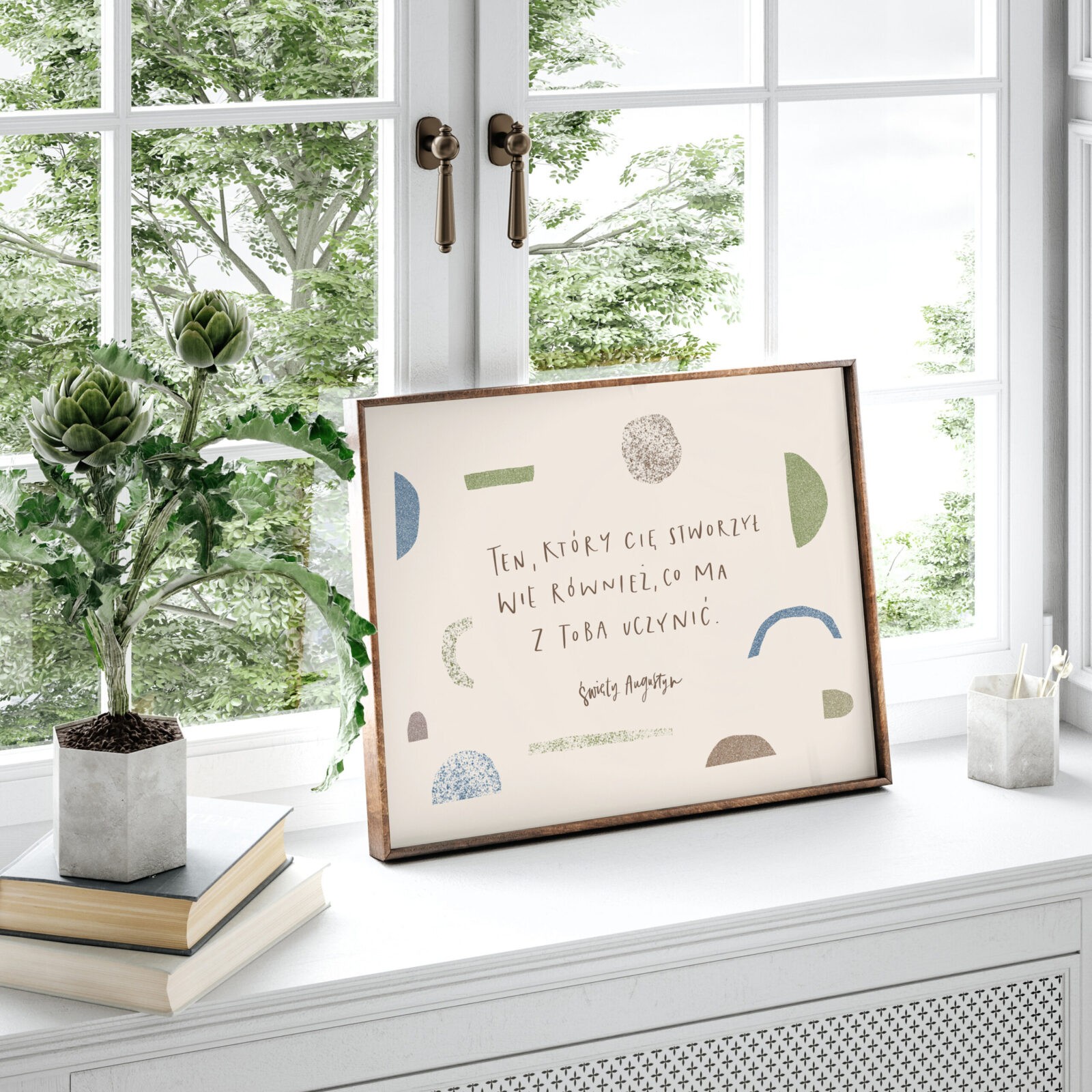 Home mockup, frame close up standing on windowsill with flower a