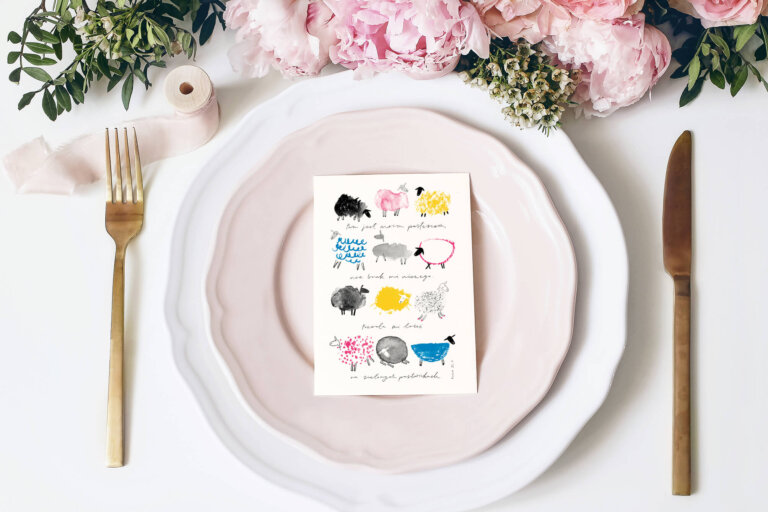 Feminine wedding, birthday desktop mock-up scene. Porcelain plates, blank paper greeting, menu card, ribbon, golden cutlery, leaves,roses, peony flowers. White table background. Flat lay, top view