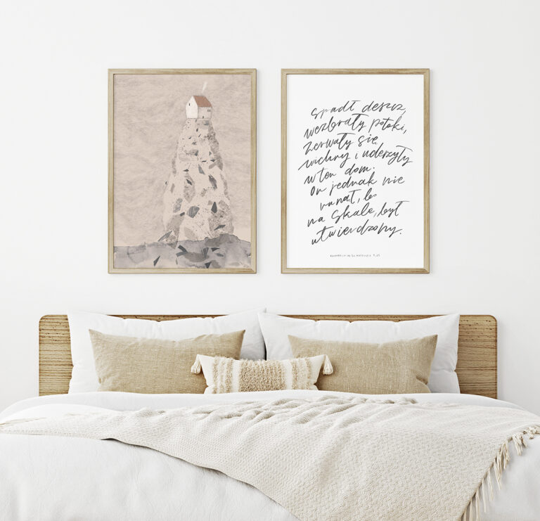 Vertical frame mockup in boho bedroom interior with wooden bed, beige fringed blanket, cushion with tassels, dried pampas grass and wicker lamp on white wall background. 3d rendering, 3d illustration