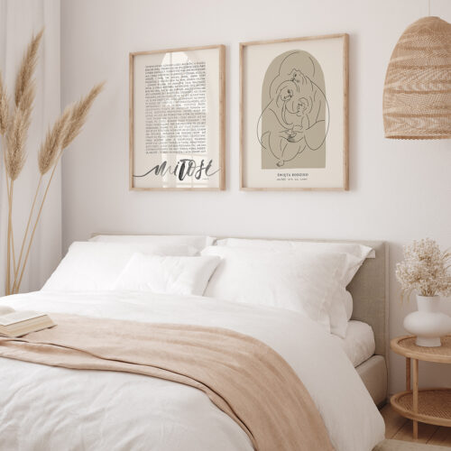 Mockup frame in bedroom interior background, room in light paste