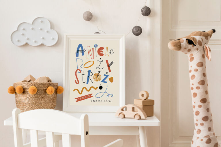 Stylish scandi child room with mock up photo frame, plush giraff
