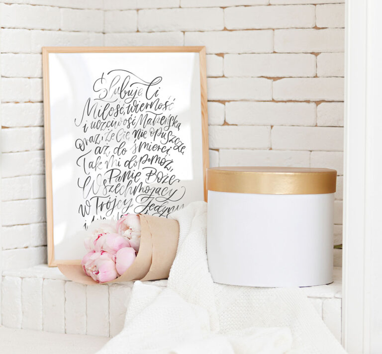Spring and summer wedding concept scene, empty picture frame mockup on fireplace. Scandinavian interior style in white colour. Blooming peony bouquet.