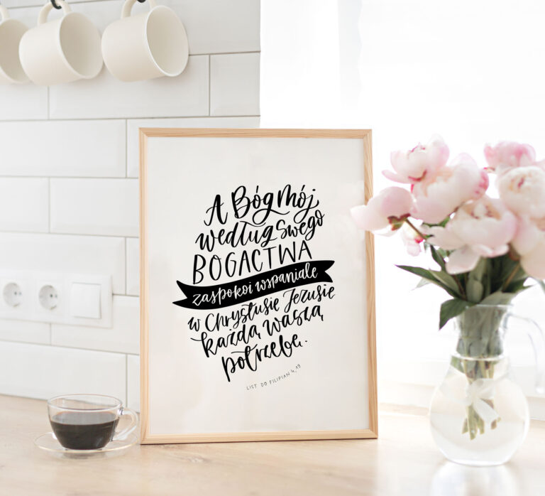 Vertical frame mockup on a wooden table in the kitchen. Glass vase with a bouquet of pink peonies and a cup of black coffee. Scandinavian style interior.