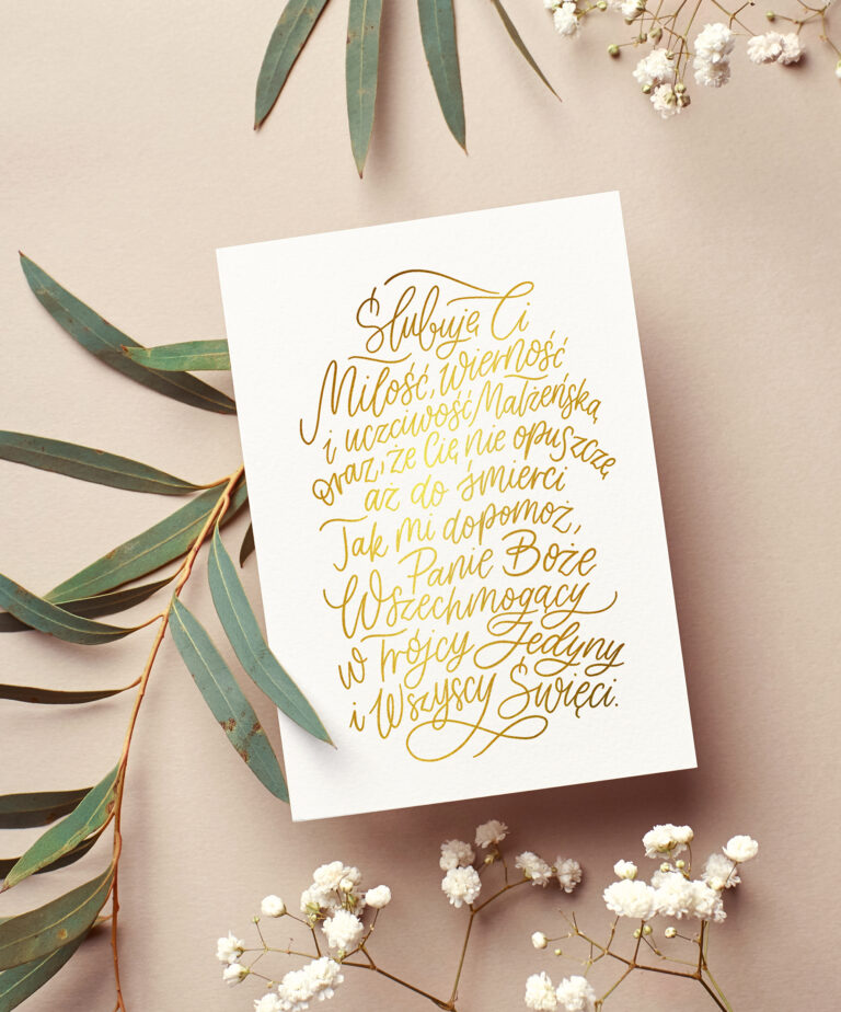 Wedding invitation card mockup with natural eucalyptus and white gypsophila twigs. Blank card mockup on beige background.