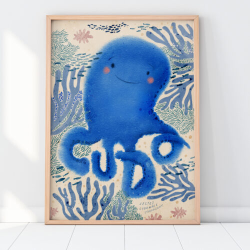 Wooden Frame with Poster Mockup standing on the white floor. 3d