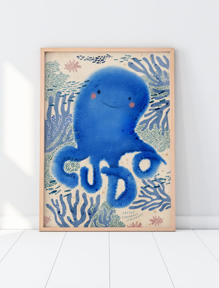 Wooden Frame with Poster Mockup standing on the white floor. 3d