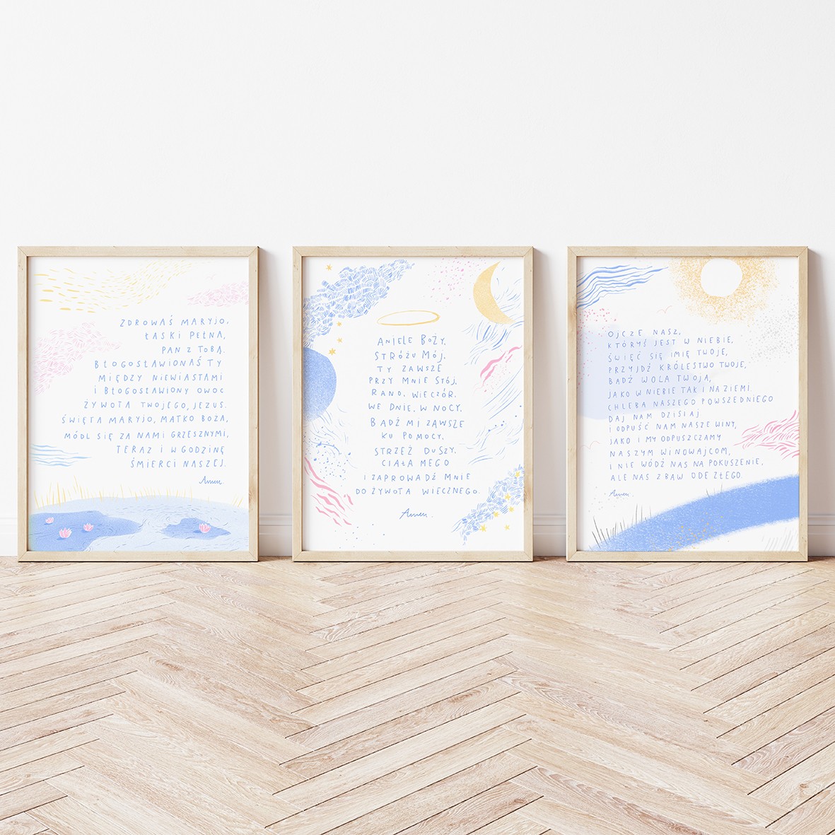Three vertical wooden frame poster on wooden floor with white wa