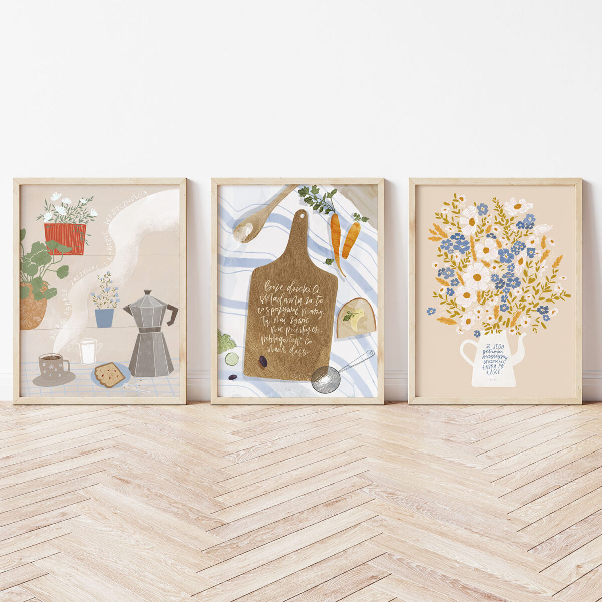 Three vertical wooden frame poster on wooden floor with white wa
