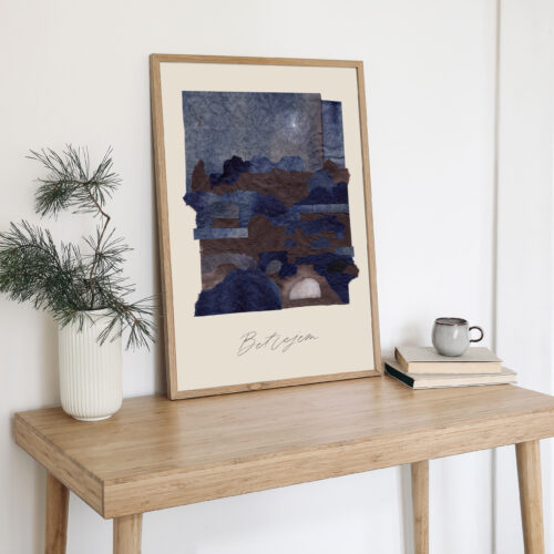 Christmas Scandinavian interior. Blank vertical wooden picture frame mockup. Pine tree branches in vase, cup of coffee and old books on table, desk. White wall background, doors. Empty copy space.