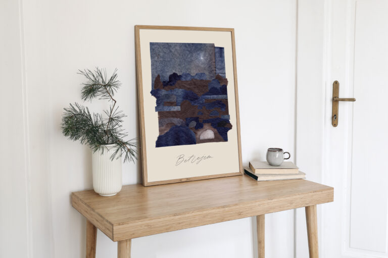 Christmas Scandinavian interior. Blank vertical wooden picture frame mockup. Pine tree branches in vase, cup of coffee and old books on table, desk. White wall background, doors. Empty copy space.